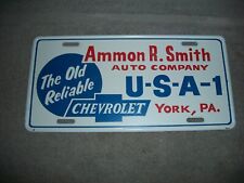 ORG 1960'S USA-1 AMMON R SMITH CHEVROLET DEALERSHIP OLD RELIABLE LICENSE PLATE picture