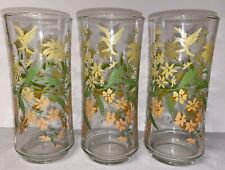 3 Vintage Libbey 16 Oz Iced Tea Water Glass Yellow Orange Floral Hummingbird picture