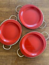 3 Red Enamel Ware Metal Dinner Plates Picnics W/Rattan Holders Handles Vintage picture
