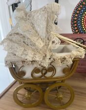 Vintage Doll Wicker Wood Lace Buggy Stroller Carriage 14” picture