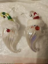 2 Blown Glass Faux Fur Acrylic Mustache Santa Head Christmas Ornaments 6