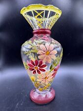 Tracy Porter Hand Painted Flower Vase Burgandy & Mauve Flowers Green Trim 6
