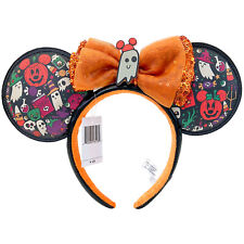 DisneyParks 2022 Happy Halloween Minnie Ghost Sequin Bow Pumpkin Headband Ears picture