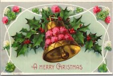 c1910s MERRY CHRISTMAS Postcard Gold Floral Bell / Holly & Flowers - UNUSED picture