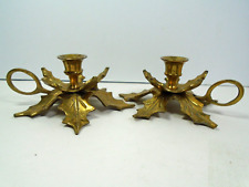 SET OF 2 VTG.BRASS LAYERED HOLLY LEAVES CANDLEHOLDERS WITH HANDLES picture