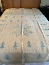 Antique Hand Loomed Blanket Coverlet Coarse Cotton/Flax? Off White Blue 64 X 92 picture