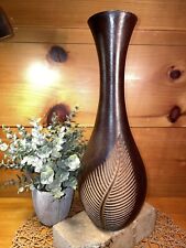 Vintage MCM Hand Carved Wood 15 Inch Vase Dark Brown Tan picture