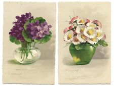 2 C. Klein Vintage Post Cards- yellow flowers& purple flowers -