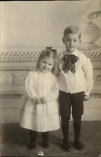 Adorable young girl & boy knickers tie puffy shirt ~ RPPC real photo 1904-1920s picture