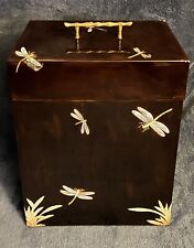 Asian Vintage Lacquer Storage Box With MOP Inlaid Dragonflies 16.75”H picture