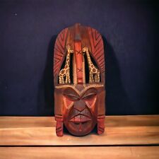 African Tribal Face Mask Giraffes Hand Carved Wood Wall Hanging Vintage picture