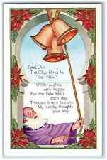 New Year Postcard Father Old Time Ringing Bells Poinsettia Flowers Embossed picture