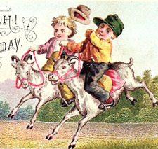 c1880 EMBOSSED BIRTHDAY BOYS RIDING BUCKING BILLY GOATS SMALL TRADE? CARD Z1210 picture