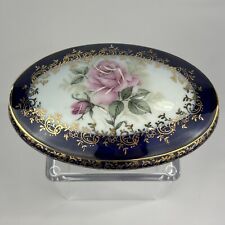 Limoge France Trinket Box Rehausse Main Oval Porcelain Pink Rose Cobalt Blue EUC picture