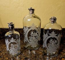 3  Vintage Frosted Etched Glass Apothecary Bottles Jars Cork Metal Top Stoppers picture