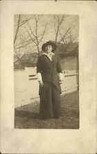 RPPC Woman in traveling suit ~ large cuffs fashion ~ real photo postcard picture