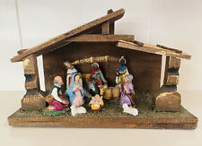 Vtg Mid-Century Nativity Set Wooden Manger 11 Affixed Figures 15” x 9” picture
