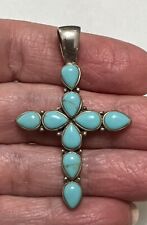 Vintage Sterling Silver & Pear Shaped Turquoise Cabochons CROSS Pendant 1-3/4” picture