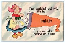 1914 Dutch Girl I'm Satisfied Mit Life In Rush City MN Pennant Antique Postcard picture