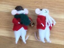 Vintage Boiled FELTED WOOL CHRISTMAS MICE Holiday Mouse Ornaments Lot Pair Set picture