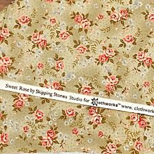 Tan Pink Floral Fabric Sweet Rose Clothworks Cotton 25x42 picture
