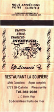 Saint-Calixte, Quebec Canada Restaurant La Soupiere Vintage Matchbook Cover picture