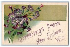 New Lisbon Wisconsin WI Postcard Greetings Embossed Flower Glitter 1910 Vintage picture