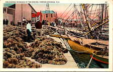 Tarpon Springs Florida Unloading Sponges Boat Dock Scene Vintage 1920s Postcard picture