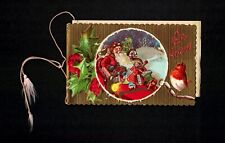 5901 Antique Vintage Christmas Postcard Folding Greeting Card Santa Red Car Bird picture