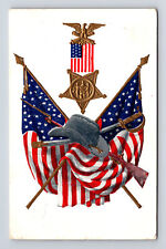 c1907 GAR Civil War Embossed Hand Colored Flags Rifle Sword Hat Medal Postcard picture
