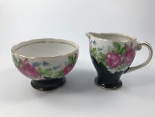 Vtg TRIMONT CHINA - OCCUPIED JAPAN - CREAMER & OPEN SUGAR - Pink ROSES on BLACK picture