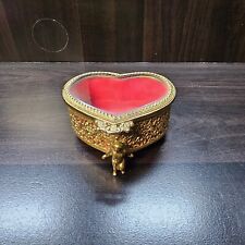 Vntg Kelvin Ornate Heart Shaped Jewelry Trinket Box Cherub Footed Beveled Glass picture