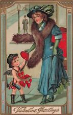 Valentine Cupid Delivers Hearts to Fashionable Lady Wearing Fur Stole Postcard picture