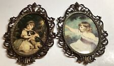 Vintage Oval Ornate Brass Framed Pictures Italy Flat Glass 7x10” Children picture