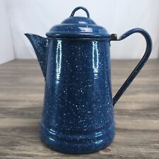 Large Vtg Enamel Ware Blue White Speckled Camping/Cowboy Coffee Pot Kettle 10