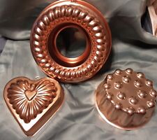 3 Vintage Copper Jello Molds, Bumpy Circle,Heart, Ring picture