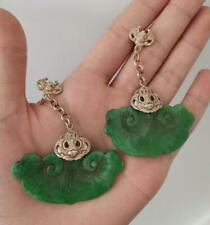 Chinese Antique A Pair Tibetan Silver Inlaid Natural Jade Earrings Lucky Jewelry picture