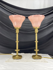 REWIRED Vtg Pair Art Deco Bedside Boudoir Table Lamps Pink Swirl Glass Hollywood picture