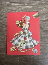 Vintage Christmas Card Norcross Gingham Girl Decorating Tree, Used picture