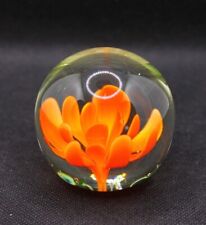 Small Clear Art Glass Paperweight with Orange Flower 2.375