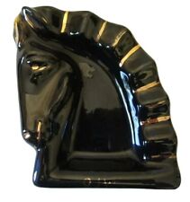 VINTAGE HORSE CIGAR ASHTRAY BLACK GOLD GLOSS GLAZE HAND PAINTED MCM 1950's picture