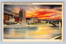 Charleston WV-West Virginia, Sunset on Kanawha River, Vintage c1950 Postcard picture