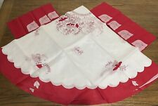 Vintage Unused Red Linen Round Madeira Organdy Embroidery Tablecloth Set Italy picture