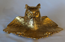 Vintage RARE gold tone cast iron Owl desk inkwell spread wings pen tray # 4536 picture