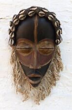 Hand Carved African Tribal Art, Wooden Dan Mask W/ Shells & Jute Beard picture