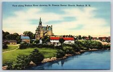 Nashua New Hampshire~St Francis Xavier Church On Nashua River~Vtg Linen Postcard picture