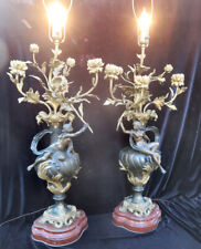 2 Antique Lady French Nouveau lamp Bronze Candelabra Lebrun Paris Vintage candle picture