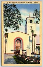 Main Entrance, Union Station Los Angeles Linen Postcard 1945 PM VGC picture