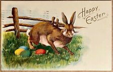 Happy Easter Bunny Rabbit Colored Eggs Embossed Antique Postcard c1910 picture