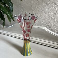 MacKenzie Childs Fluted Clown Hand Painted Glass 7” Tall Bud Rose Vase 1993 picture